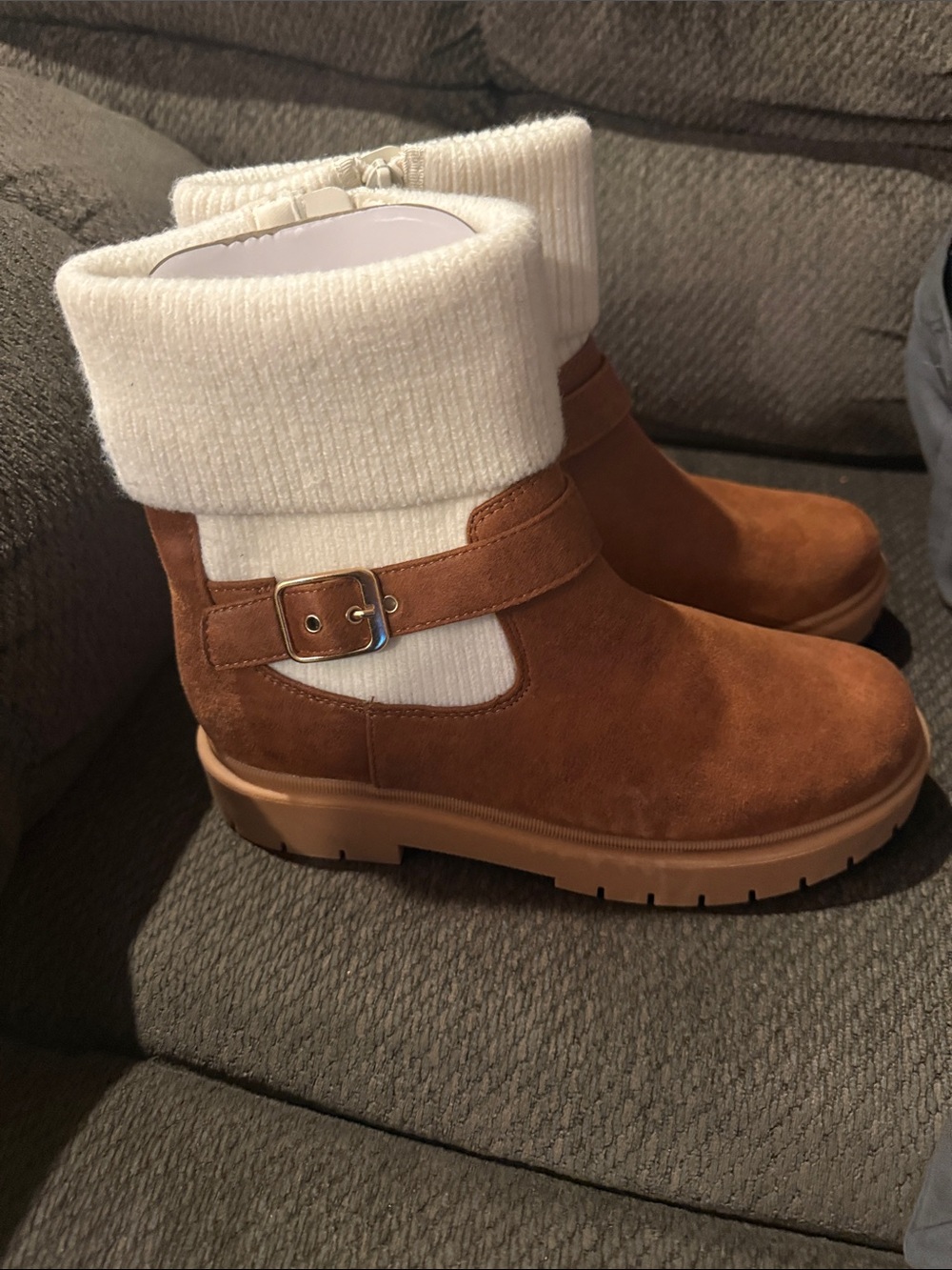 Cat & Jack Brown Suede Fold-Over Ankle Boots with Cream Cuff